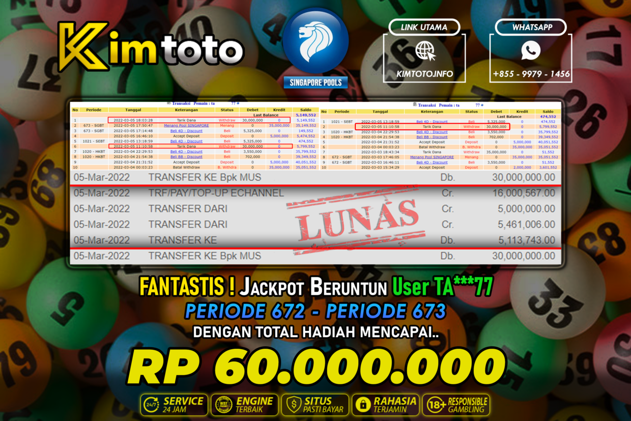 BUKTI PEMBAYARAN MEMBER JP TOGEL SINGAPORE 2 PERIODE DI KIMTOTO USER ID TA77