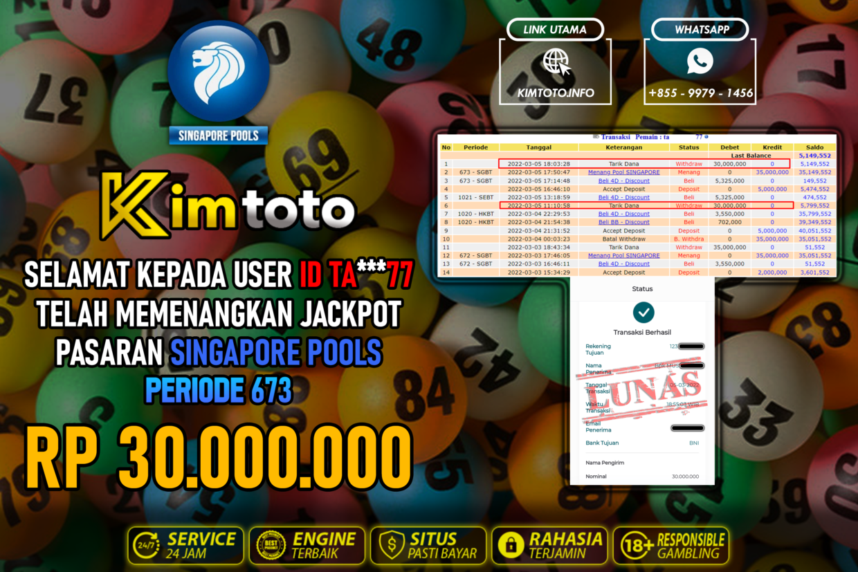 BUKTI PEMBAYARAN MEMBER JP TOGEL SINGAPORE DI KIMTOTO USER ID TA