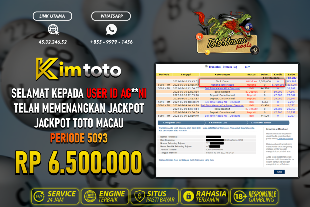 BUKTI PEMBAYARAN MEMBER JP TOGEL TOTOMACAU DI KIMTOTO USER ID AGNI