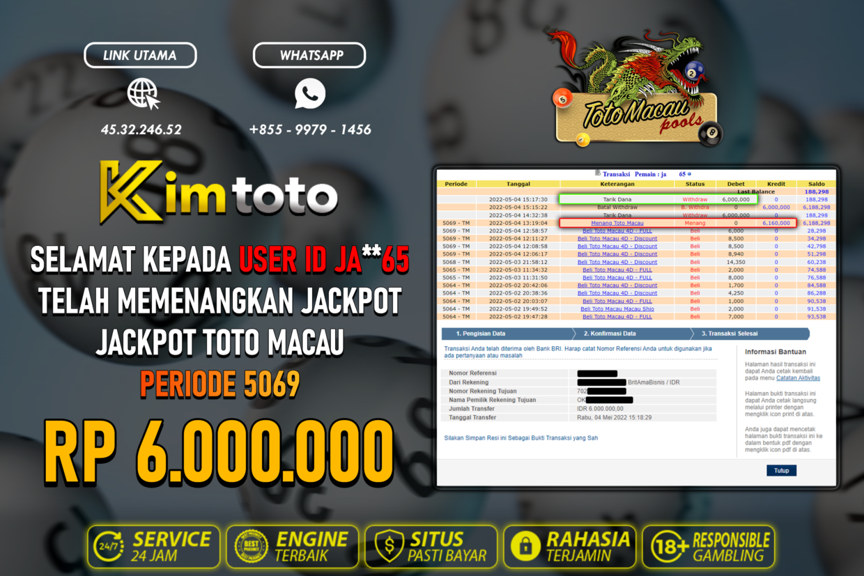 BUKTI PEMBAYARAN MEMBER JP TOGEL TOTOMACAU DI KIMTOTO USER ID JA65