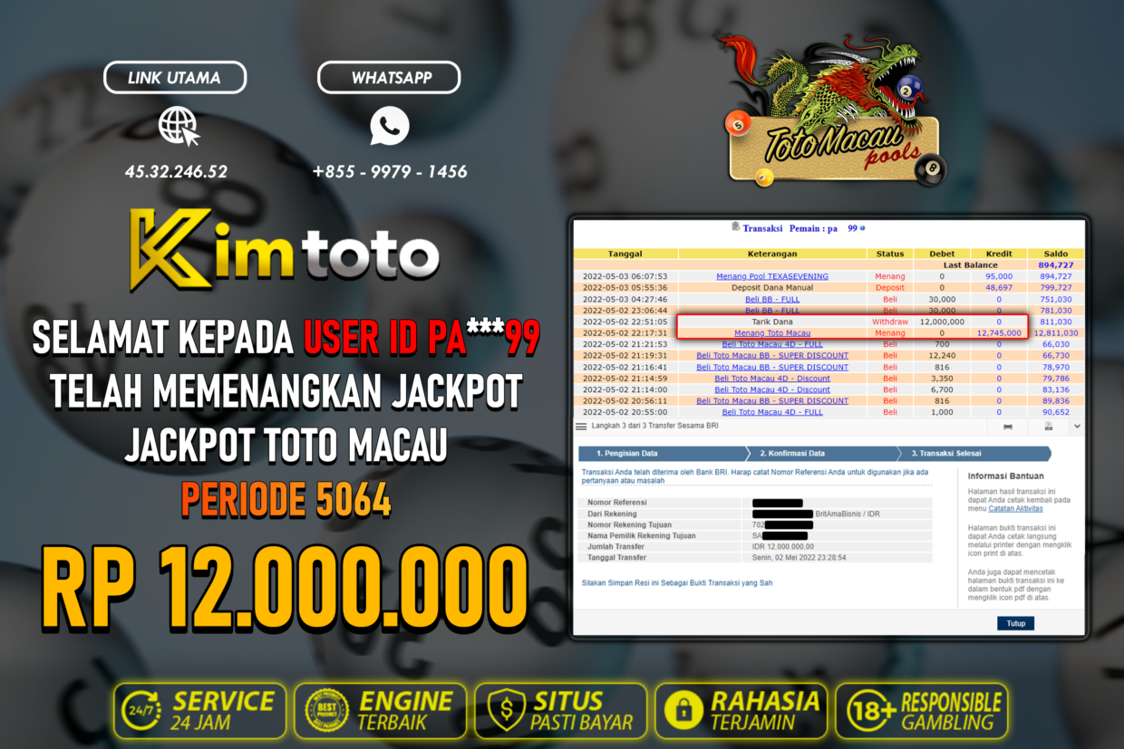 BUKTI PEMBAYARAN MEMBER JP TOGEL TOTOMACAU DI KIMTOTO USER ID PA99