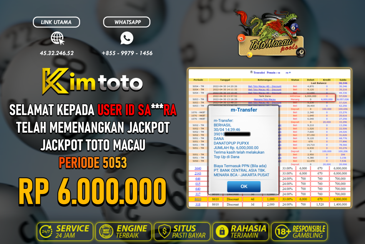 BUKTI PEMBAYARAN MEMBER JP TOGEL TOTOMACAU DI KIMTOTO USER ID SARA