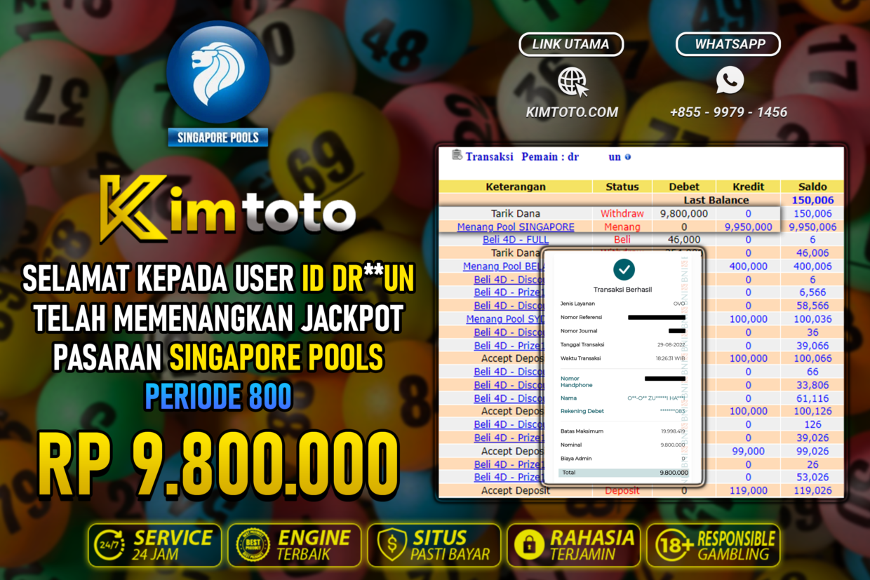 BUKTI PEMBAYARAN MEMBER JP TOGEL SINGAPORE DI KIMTOTO USER ID DRUN