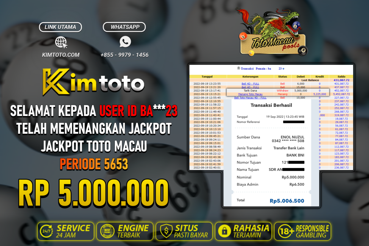 BUKTI PEMBAYARAN MEMBER JP TOGEL TOTOMACAU DI KIMTOTO USER ID BA23