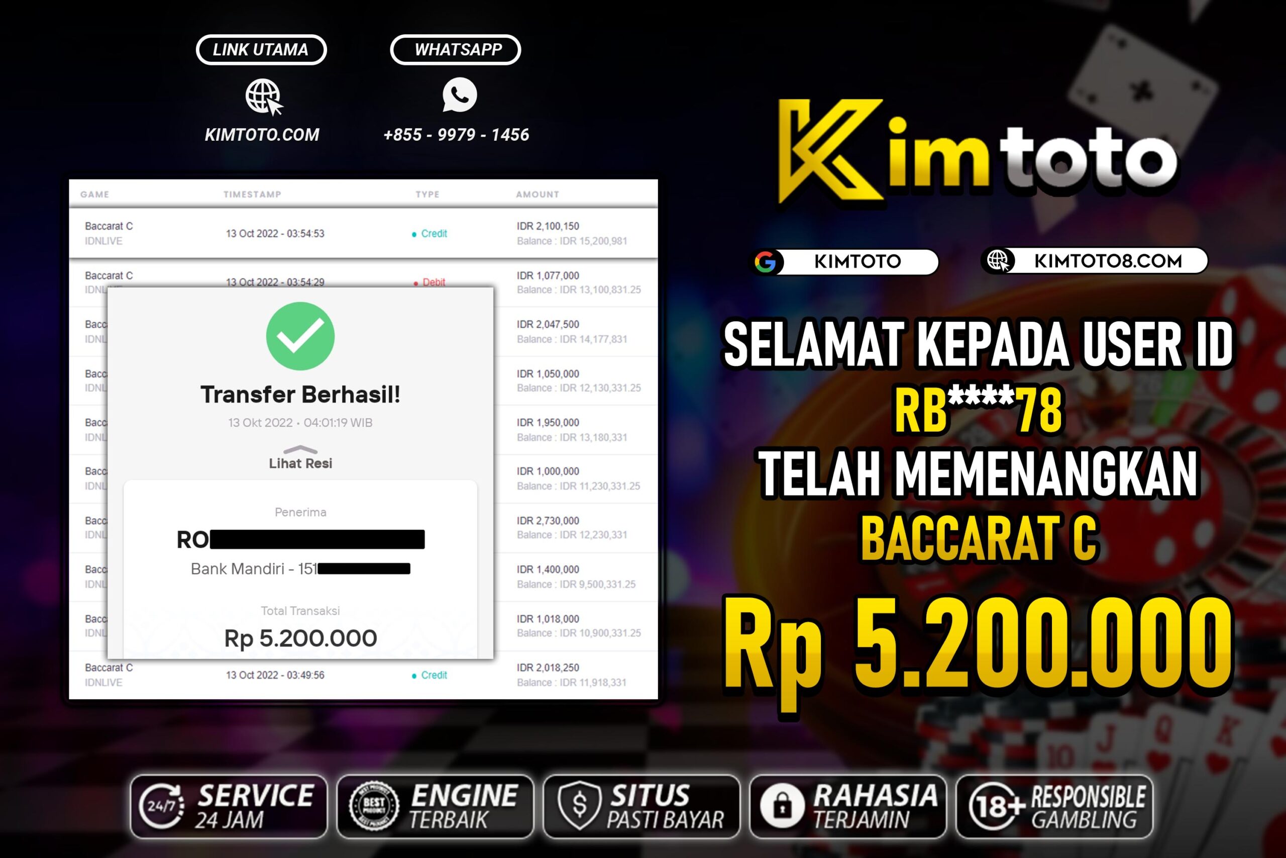 BUKTI PEMBAYARAN MEMBER JP LIVECASINO DI KIMTOTO USER ID RB78