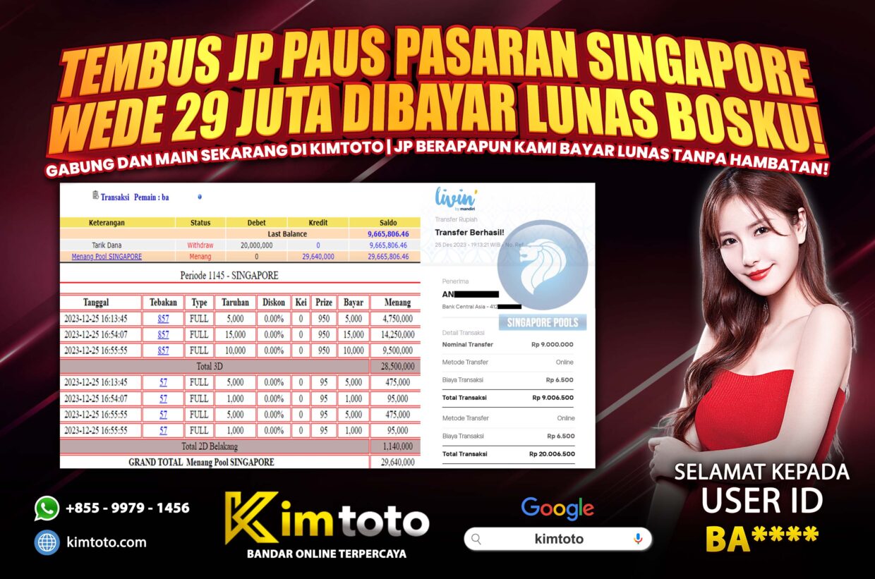 BUKTI PEMBAYARAN MEMBER JP TOGEL SINGAPORE DI KIMTOTO USER ID BA