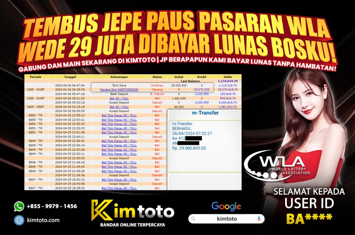 BUKTI PEMBAYARAN MEMBER JP TOGEL WLA DI KIMTOTO USER ID BA